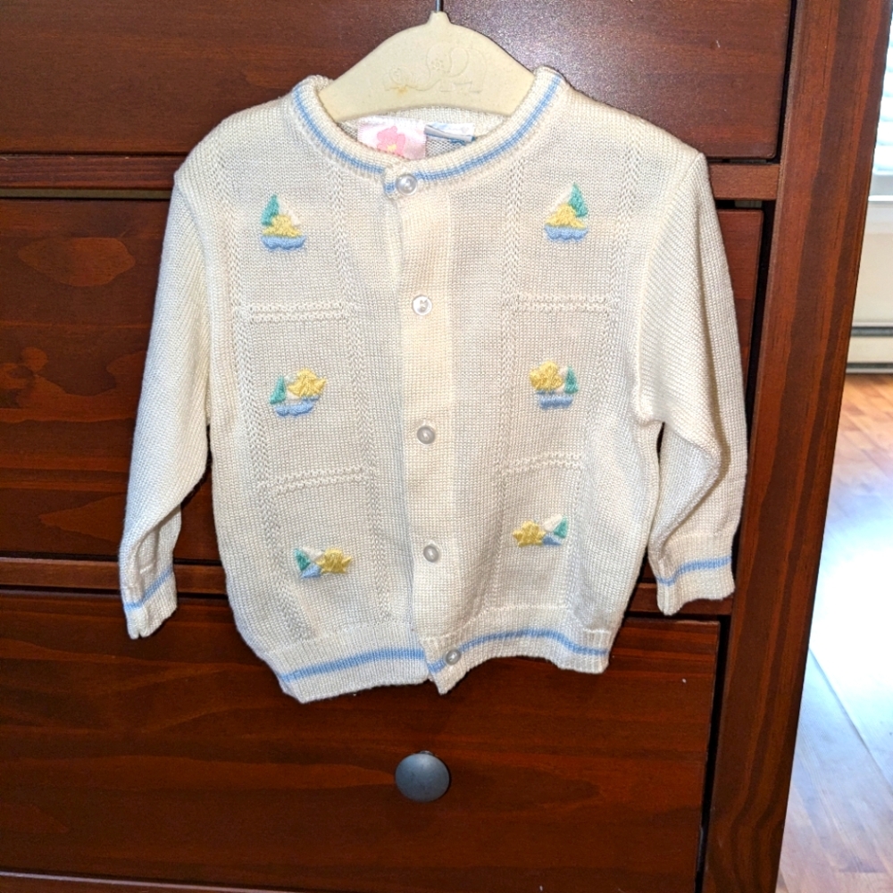 Stork club vintage sailboat cardigan sz 6-9 mo Green yellow blue